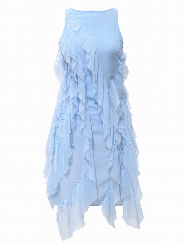 【新品DRESS 4332】アシンメトリーシフォンフリルアメスリフレアミニドレス ブルー【asos】